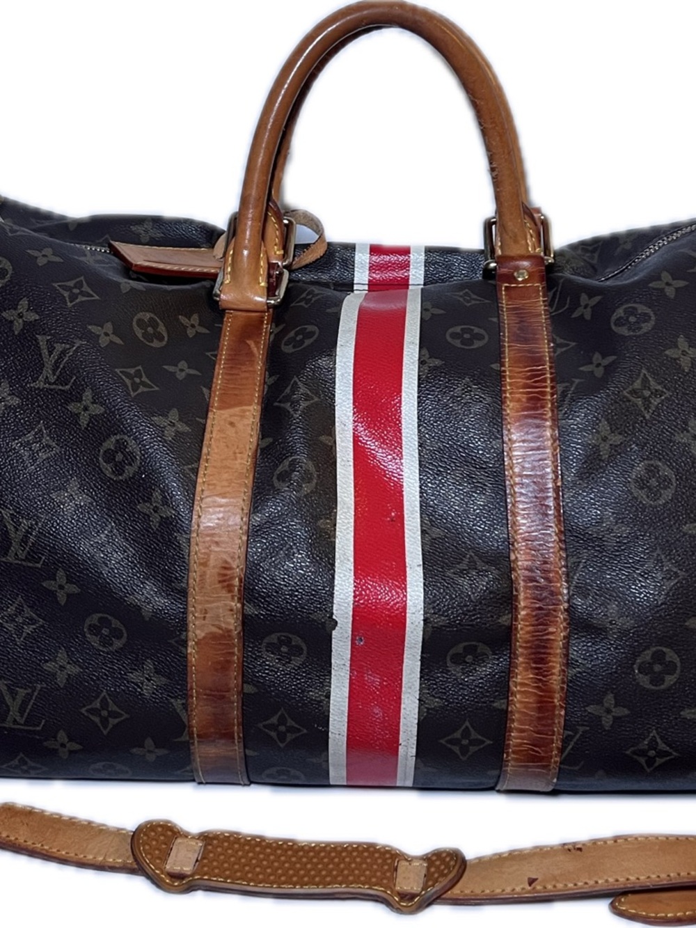 Louis Vuitton Brown Monogram Duffel with Red and White Stripe - Picture 4 of 5